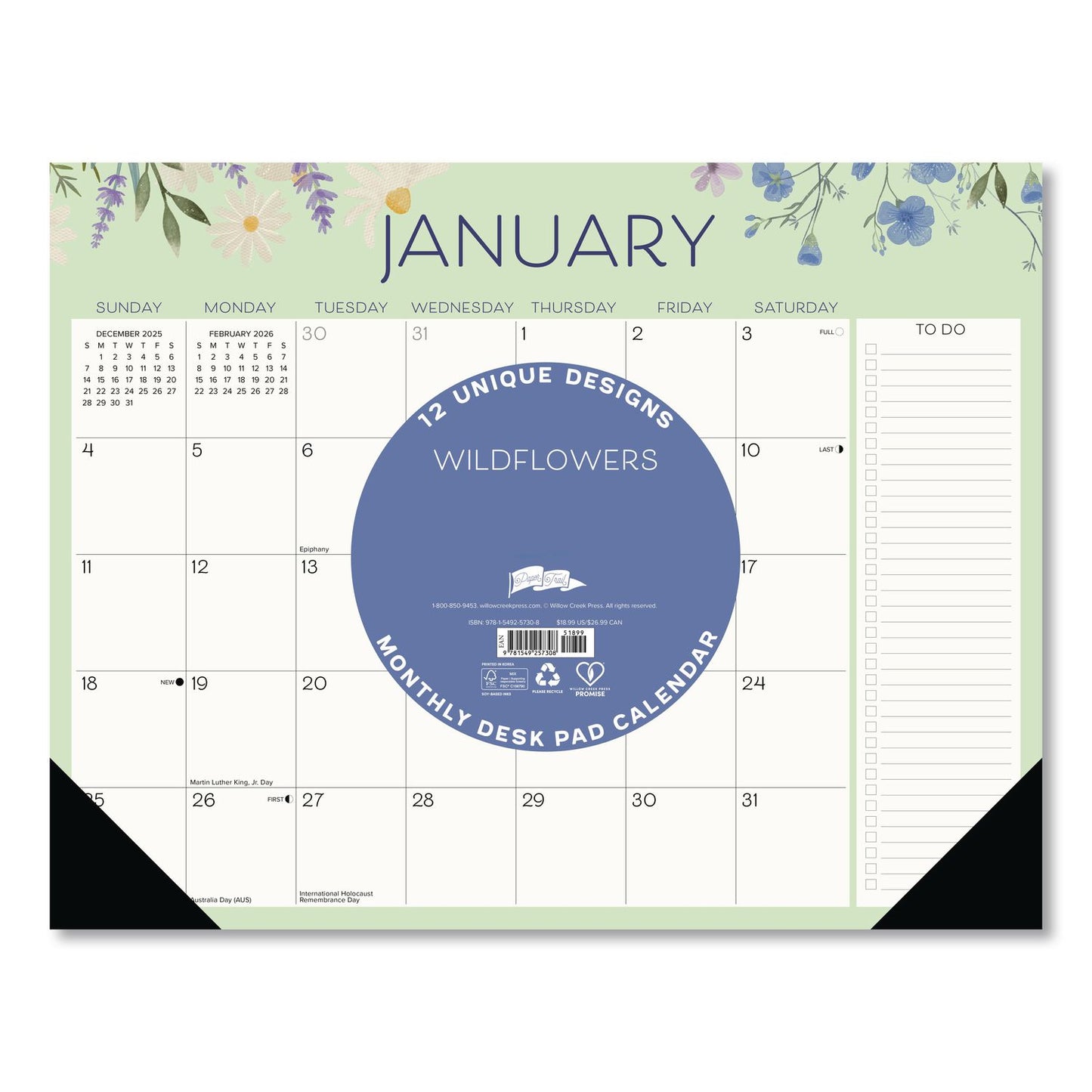 Willow Creek Press Wildflowers Large Monthly Desk Pad Calendar, 22 x 17, Multicolor Sheets, Black Headband/Corners, 12-Month (Jan to Dec) 2026 (WPR57308)