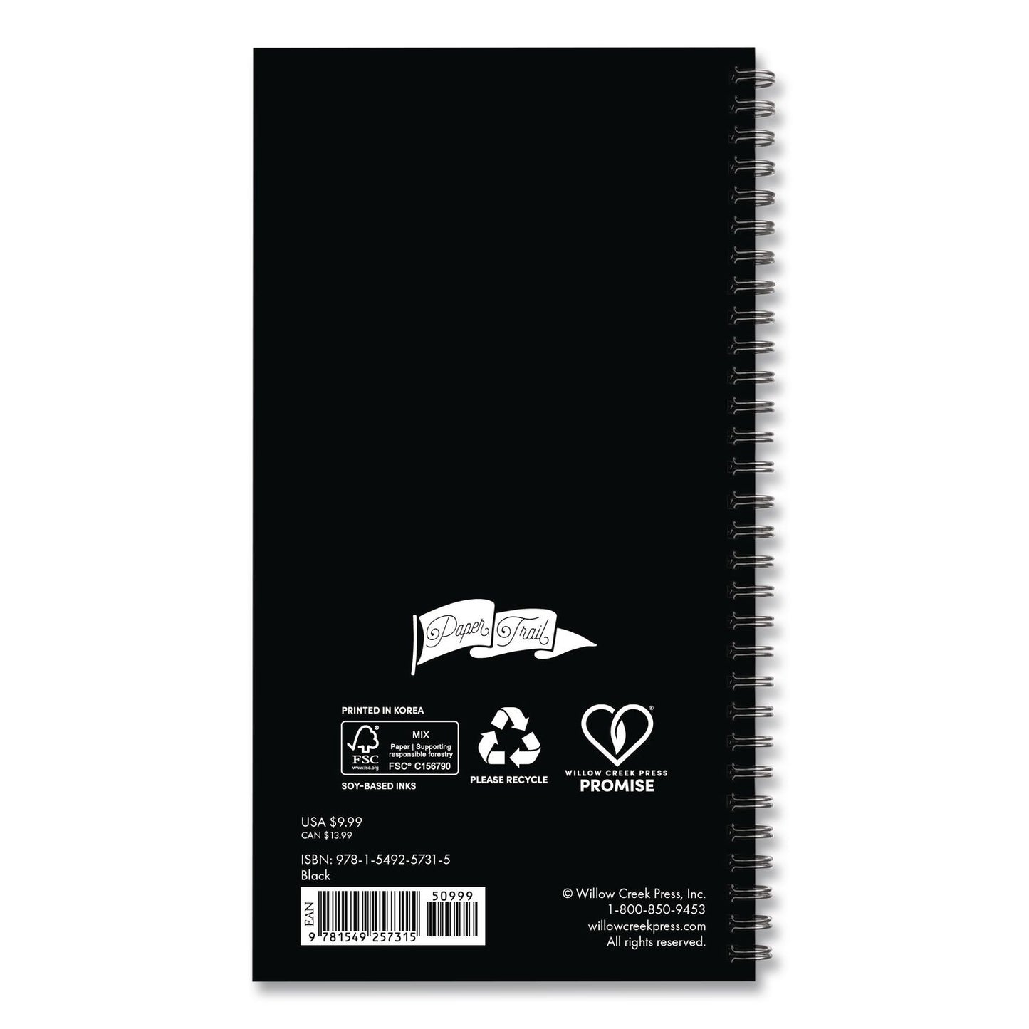 Willow Creek Press Black Softcover Weekly/Monthly Spiral Planner. 6.5 x 3.5, Black Cover, 12-Month (Jan to Dec): 2026 (WPR57315)