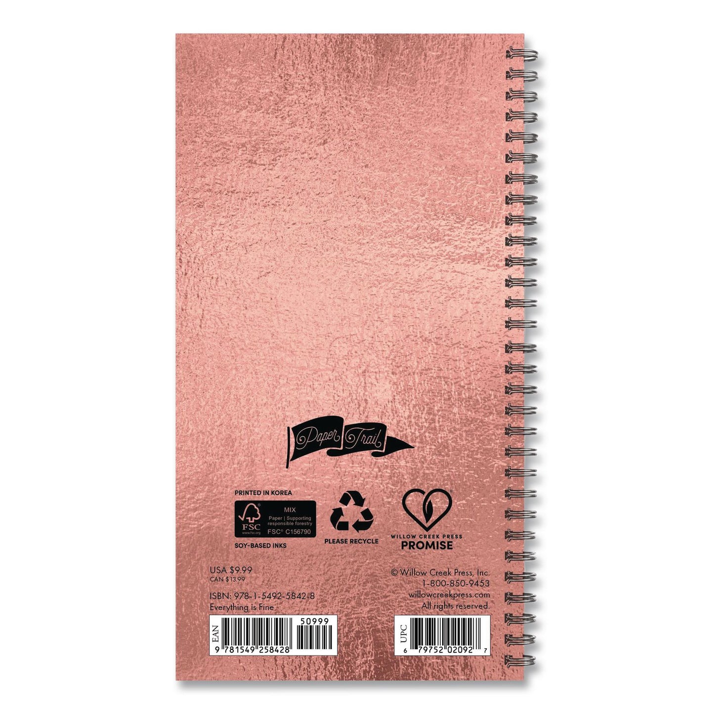 Willow Creek Press Everything is Fine (Trilingual) Weekly/Monthly Planner, 6.5 x 3.5, Rose Gold Cover, 12-Month (Jan to Dec): 2026 (WPR58428)