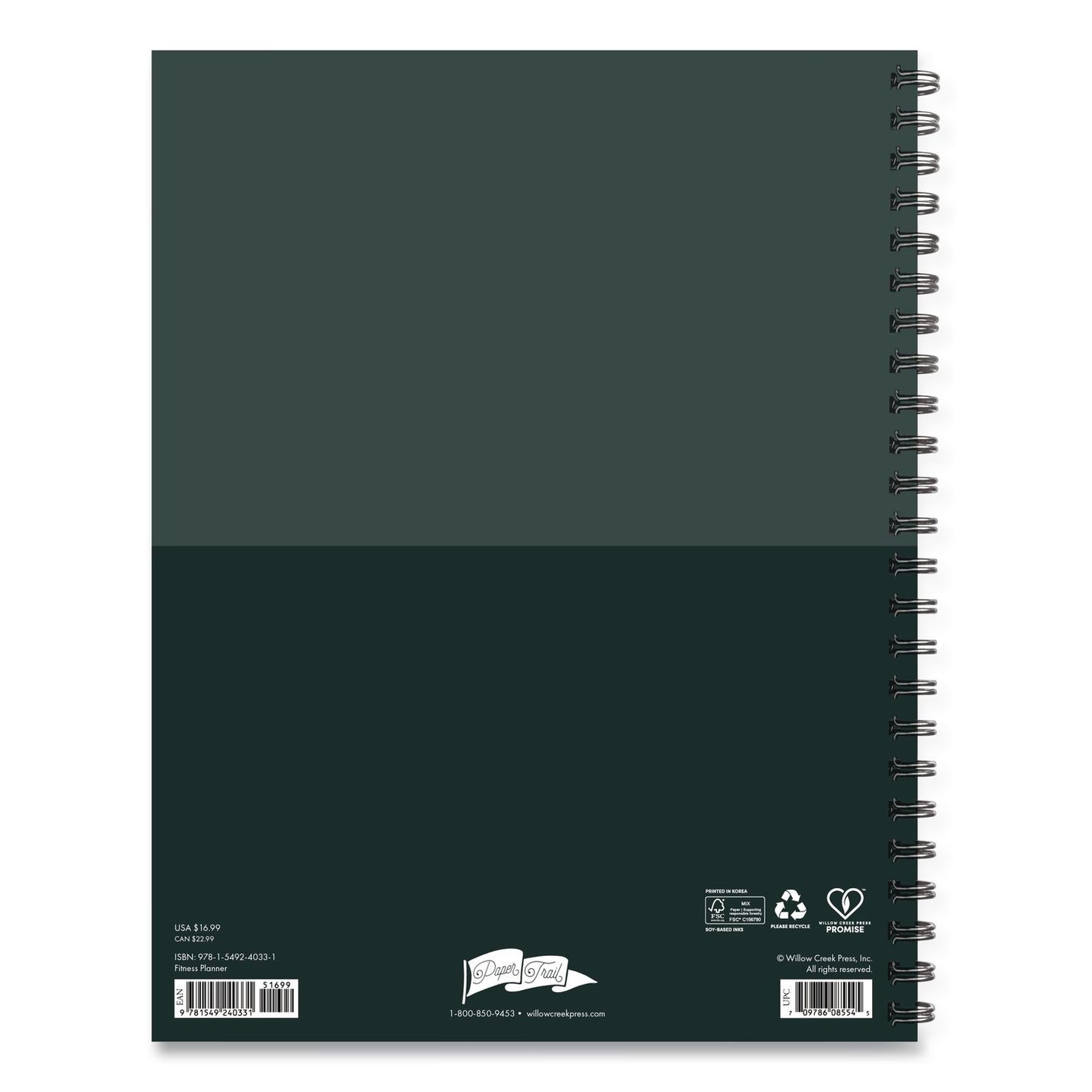 Willow Creek Press Fitness Undated Monthly Planner, 11 x 8.5, Black/Gray Cover, 12-Month, Undated (WPR40331)