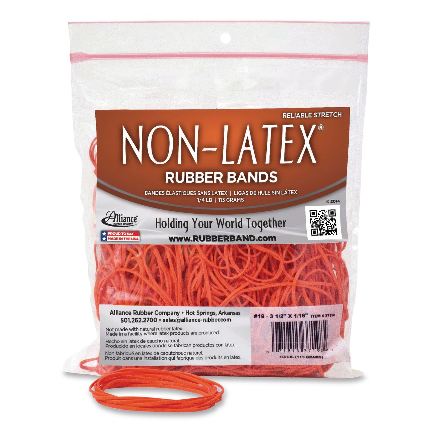 Alliance® Non-Latex Rubber Bands, Size #19, Orange, 360/Pack (AIP37198)