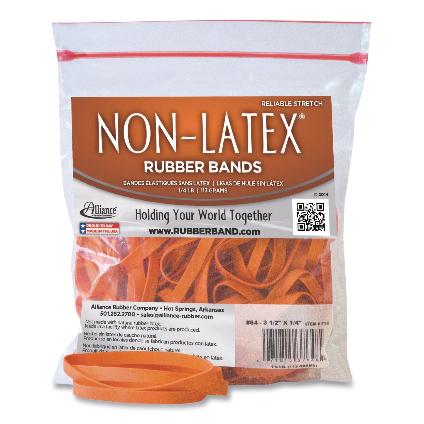 Alliance® Non-Latex Rubber Bands, Size 64, Orange, 95/Pack (ALL37648)