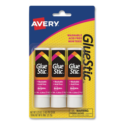 Avery® Permanent Glue Stic, 0.26 oz, Applies White, Dries Clear, 3/Pack (AVE00166PK)