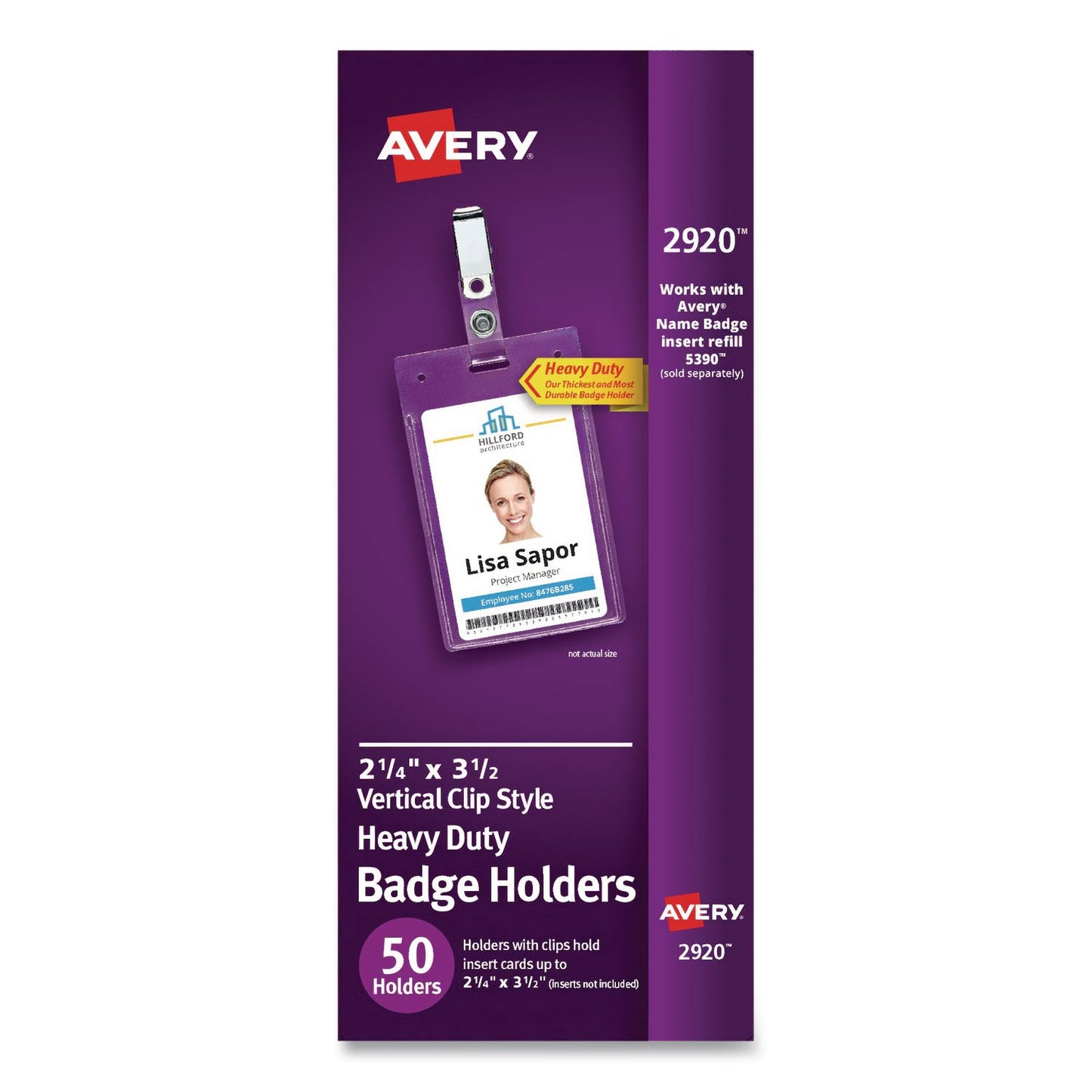 Avery® Heavy-Duty Badge Holders, Vertical, 2.25 x 3.5 Holder, Clear, 50/Box (AVE2920)
