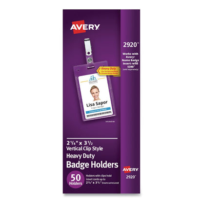 Avery® Heavy-Duty Badge Holders, Vertical, 2.25 x 3.5 Holder, Clear, 50/Box (AVE2920)