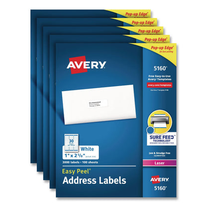 Avery® Easy Peel White Address Labels with Sure Feed Technology, Laser, 1 x 2.63, 30/Sheet, 100 Sheets/Pack, 5 Packs/Carton (AVE5160CT)