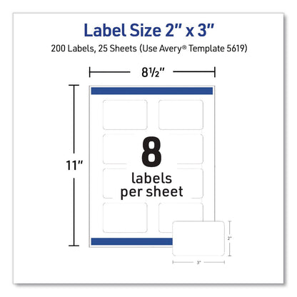 Avery® Rectangular Labels with Sure Feed Technology, Inkjet/Laser, 2 x 3, Matte White, 8 Labels/Sheet, 25 Sheets/Pack (AVE05619)