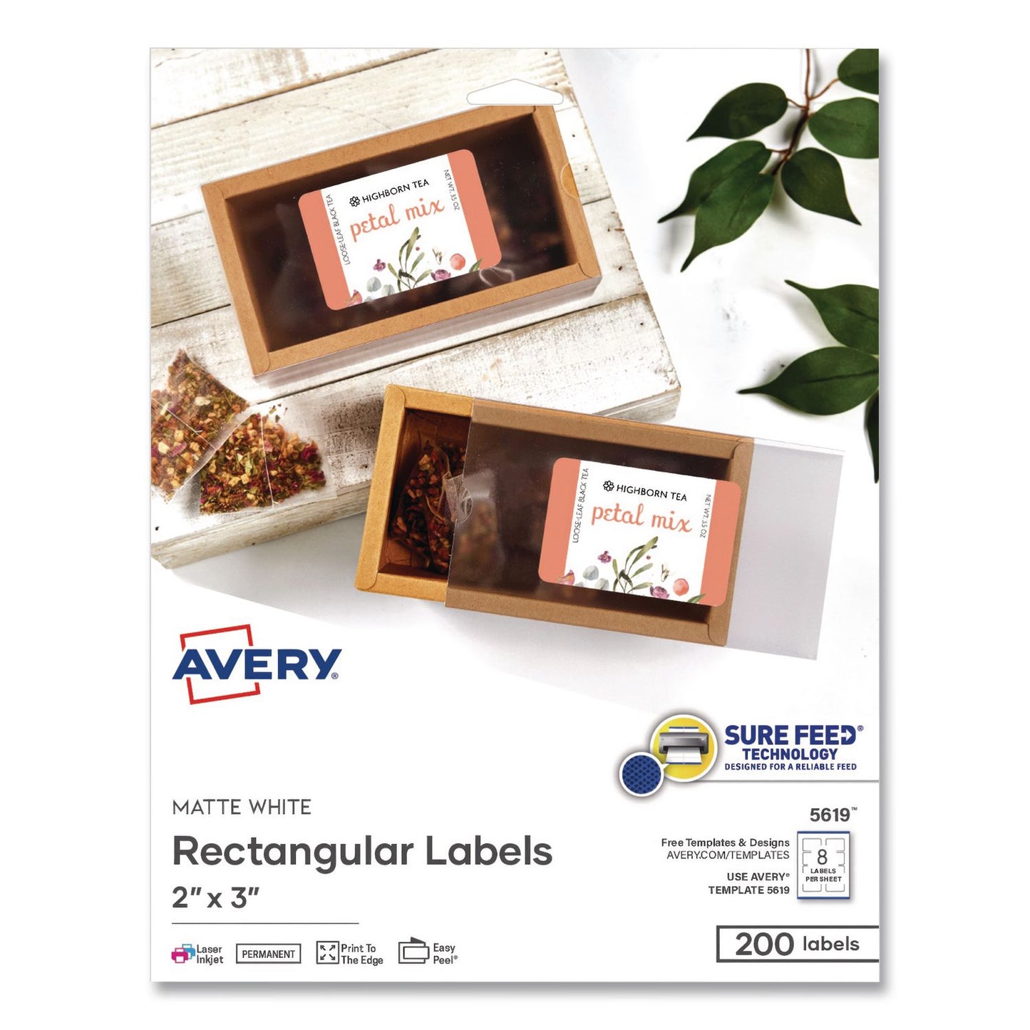 Avery® Rectangular Labels with Sure Feed Technology, Inkjet/Laser, 2 x 3, Matte White, 8 Labels/Sheet, 25 Sheets/Pack (AVE05619)