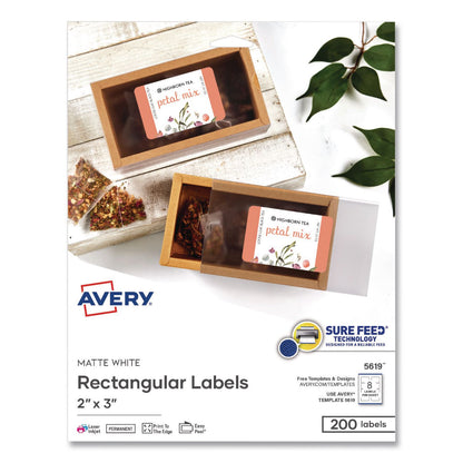 Avery® Rectangular Labels with Sure Feed Technology, Inkjet/Laser, 2 x 3, Matte White, 8 Labels/Sheet, 25 Sheets/Pack (AVE05619)