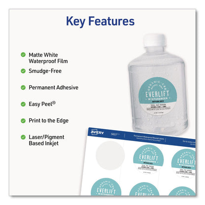 Avery® Waterproof Round Labels with Sure Feed Technology, Laser/Pigment-Based Inkjet, 2" dia, Matte White, 12/Sheet, 8 Sheets/Pack (AVE05657)