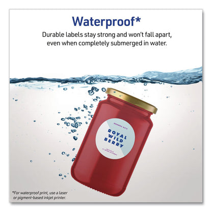 Avery® Waterproof Round Labels with Sure Feed Technology, Laser/Pigment-Based Inkjet, 2" dia, Matte White, 12/Sheet, 8 Sheets/Pack (AVE05657)