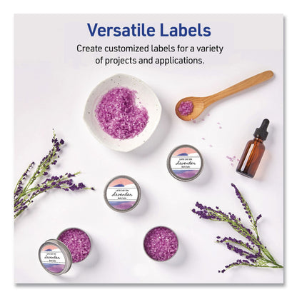 Avery® Waterproof Round Labels with Sure Feed Technology, Laser/Pigment-Based Inkjet, 2" dia, Matte White, 12/Sheet, 8 Sheets/Pack (AVE05657)