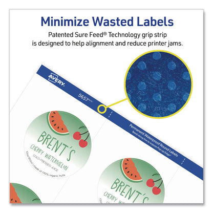 Avery® Waterproof Round Labels with Sure Feed Technology, Laser/Pigment-Based Inkjet, 2" dia, Matte White, 12/Sheet, 8 Sheets/Pack (AVE05657)
