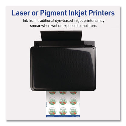 Avery® Waterproof Round Labels with Sure Feed Technology, Laser/Pigment-Based Inkjet, 2" dia, Matte White, 12/Sheet, 8 Sheets/Pack (AVE05657)