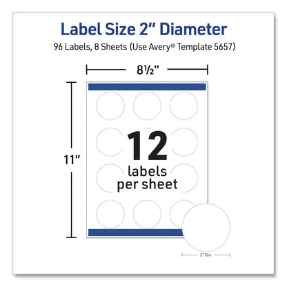 Avery® Waterproof Round Labels with Sure Feed Technology, Laser/Pigment-Based Inkjet, 2" dia, Matte White, 12/Sheet, 8 Sheets/Pack (AVE05657)
