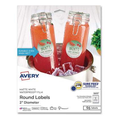 Avery® Waterproof Round Labels with Sure Feed Technology, Laser/Pigment-Based Inkjet, 2" dia, Matte White, 12/Sheet, 8 Sheets/Pack (AVE05657)