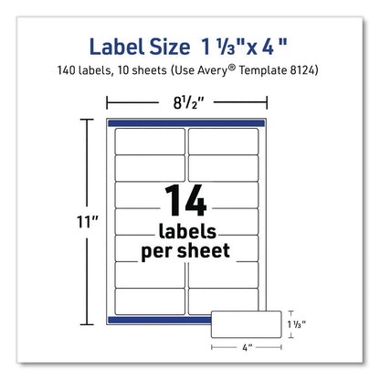Avery® Matte Clear Address Labels with Sure Feed Technology, Inkjet/Laser, 1.33 x 4, 14/Sheet, 10 Sheets/Pack (AVE08124)