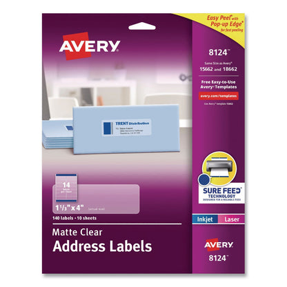 Avery® Matte Clear Address Labels with Sure Feed Technology, Inkjet/Laser, 1.33 x 4, 14/Sheet, 10 Sheets/Pack (AVE08124)