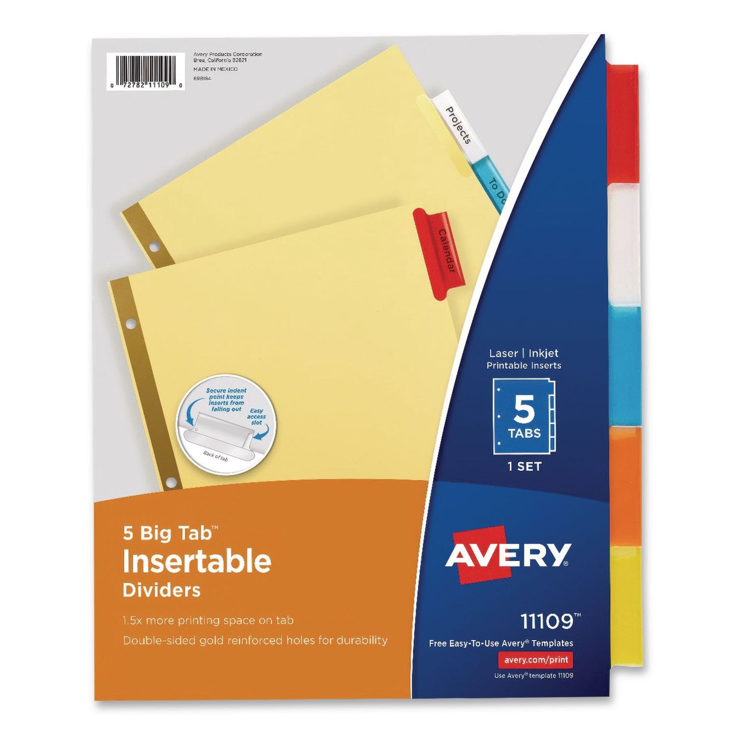 Avery® Insertable Big Tab Dividers, 5-Tab, Double-Sided Gold Edge Reinforcing, 11 x 8.5, Buff, Assorted Tabs, 48 Sets/Carton (AVE11109CT)