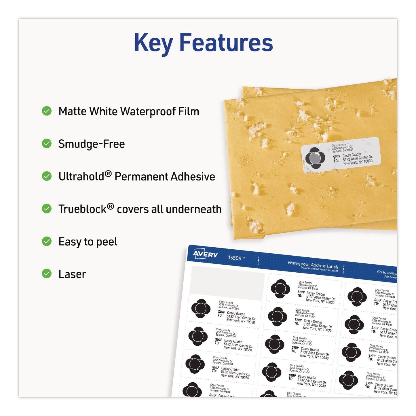 Avery® Waterproof Film Address Labels with Sure Feed Technology. Laser, 1 x 2.63, White, 30/Sheet, 10 Sheets/Pack (AVE15509)