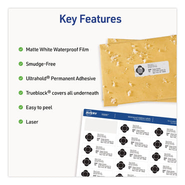 Avery® Waterproof Film Address Labels with Sure Feed Technology. Laser, 1 x 2.63, White, 30/Sheet, 10 Sheets/Pack (AVE15509)