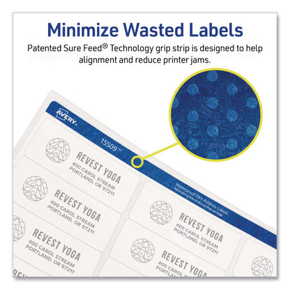 Avery® Waterproof Film Address Labels with Sure Feed Technology. Laser, 1 x 2.63, White, 30/Sheet, 10 Sheets/Pack (AVE15509)