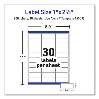 Avery® Waterproof Film Address Labels with Sure Feed Technology. Laser, 1 x 2.63, White, 30/Sheet, 10 Sheets/Pack (AVE15509)