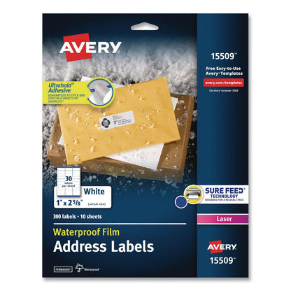 Avery® Waterproof Film Address Labels with Sure Feed Technology. Laser, 1 x 2.63, White, 30/Sheet, 10 Sheets/Pack (AVE15509)