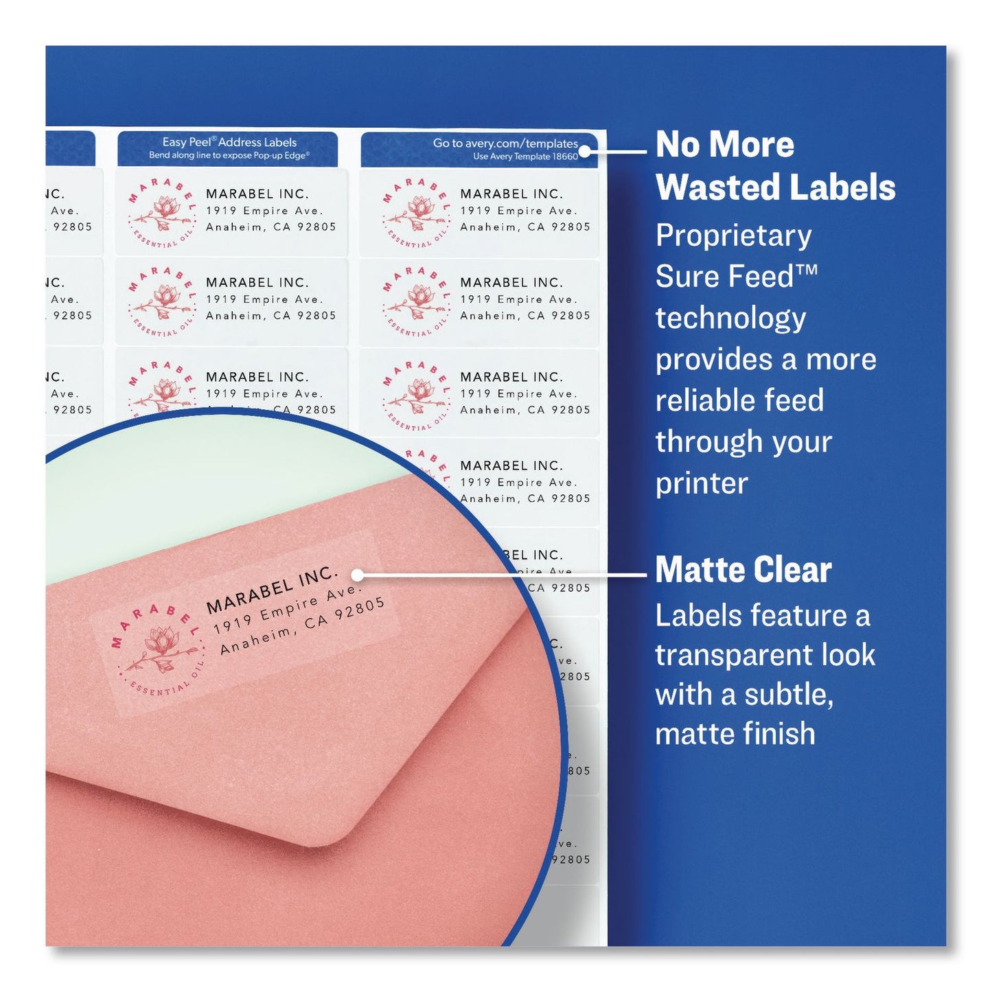 Avery® Easy Peel Return Address Labels with Sure Feed Technology, Inkjet, 0.66 x 1.75, Matte Clear, 60/Sheet, 10 Sheets/Pack (AVE18695)