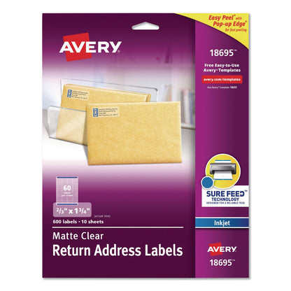 Avery® Easy Peel Return Address Labels with Sure Feed Technology, Inkjet, 0.66 x 1.75, Matte Clear, 60/Sheet, 10 Sheets/Pack (AVE18695)