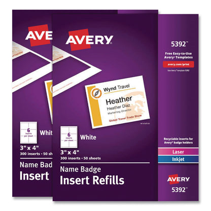 Avery® Name Badge Insert Refills, Horizontal, 3 x 4, White, 600/Pack (AVE35392)