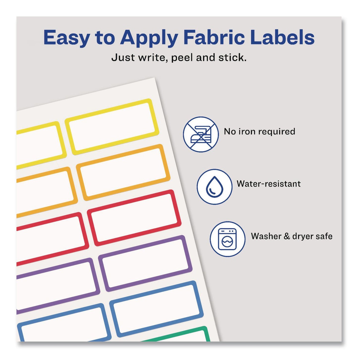 Avery® No-Iron Fabric Labels, Rainbow Border, Handwrite Only, 0.75 x 1.75, White, 12/Sheet, 2 Sheets/Pack (AVE40706)