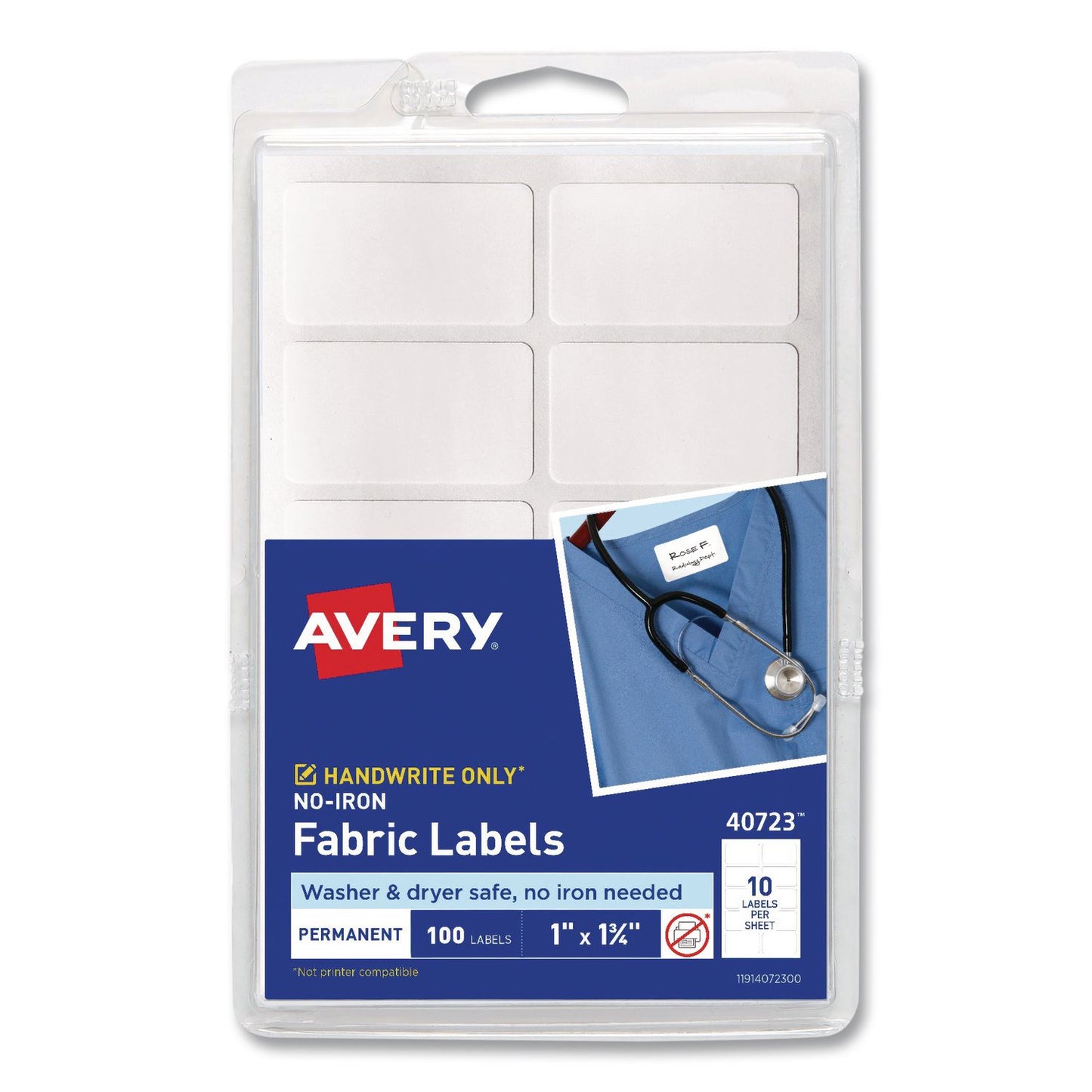 Avery® No-Iron Fabric Labels, Handwrite Only, 1 x 1.75, White, 10/Sheet, 10 Sheets/Pack (AVE40723)