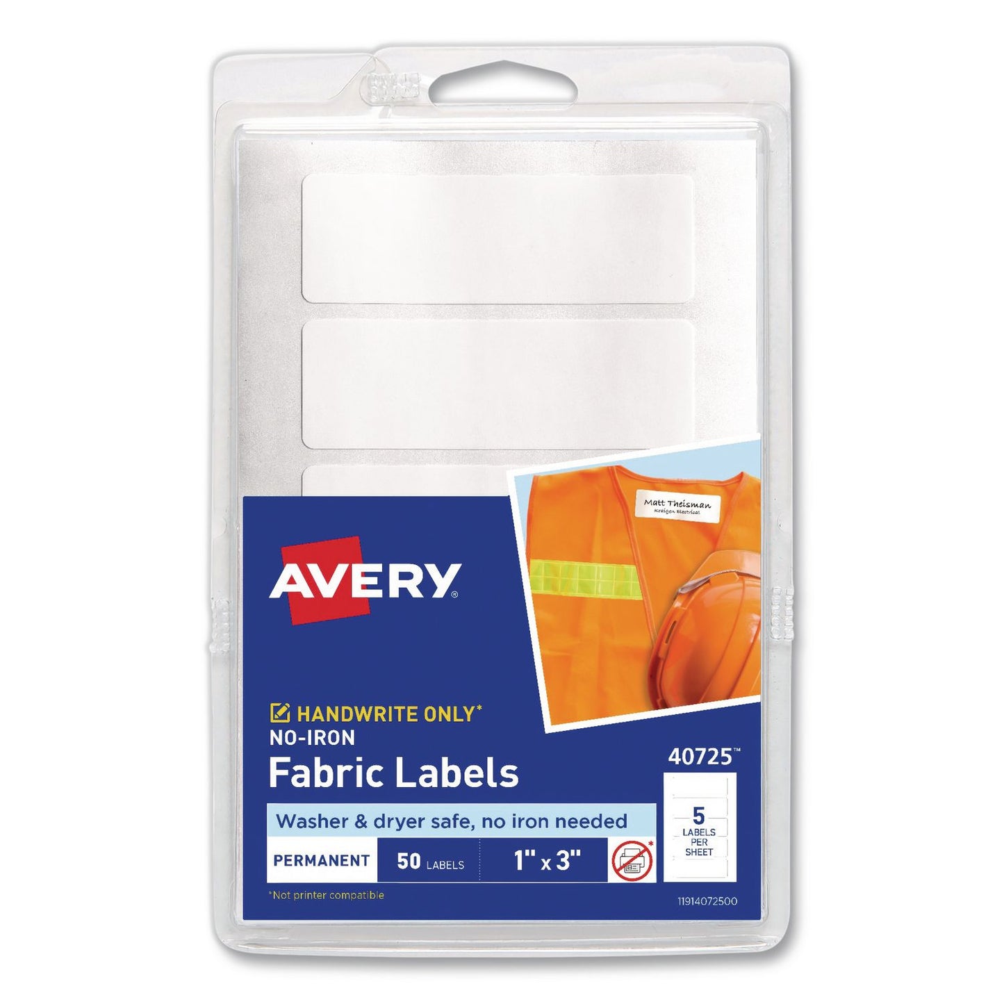 Avery® No-Iron Fabric Labels, Handwrite Only, 1 x 3, White, 5/Sheet, 10 Sheets/Pack (AVE40725)