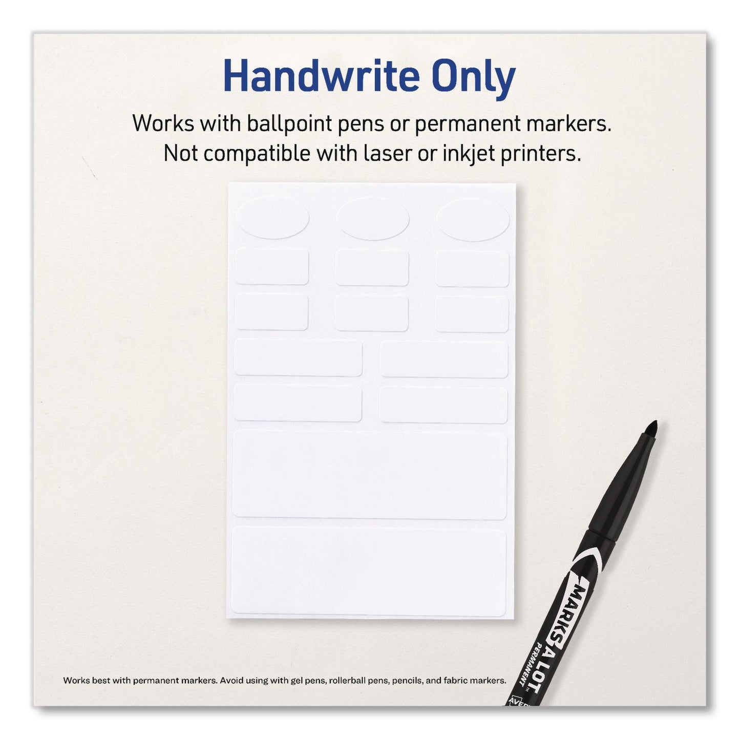 Avery® No-Iron Fabric Labels, Handwrite Only, Assorted Shapes and Sizes, White, 15/Sheet, 10 Sheets/Pack (AVE40726)