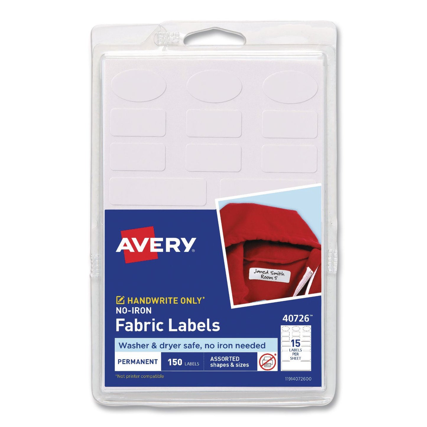 Avery® No-Iron Fabric Labels, Handwrite Only, Assorted Shapes and Sizes, White, 15/Sheet, 10 Sheets/Pack (AVE40726)