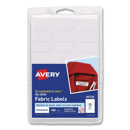 Avery® No-Iron Fabric Labels, Handwrite Only, Assorted Shapes and Sizes, White, 15/Sheet, 10 Sheets/Pack (AVE40726)