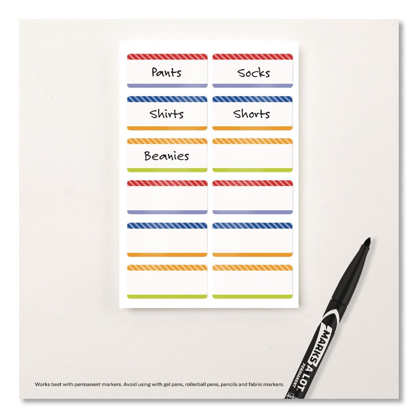 Avery® No-Iron Fabric Labels, Multicolored Border, Handwrite Only, 0.75 x 1.75, White, 12/Sheet, 2 Sheets/Pack (AVE40774)