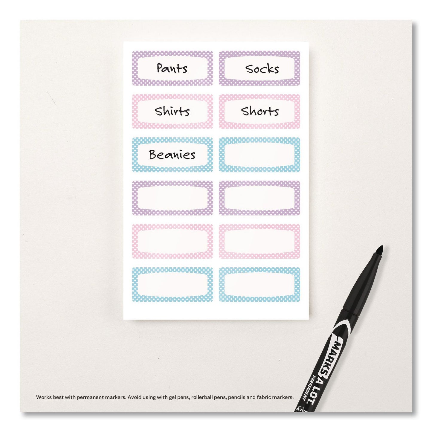 Avery® No-Iron Fabric Labels, Pastel Borders, Handwrite Only, 0.75 x 1.75, White, 12/Sheet, 2 Sheets/Pack (AVE40775)