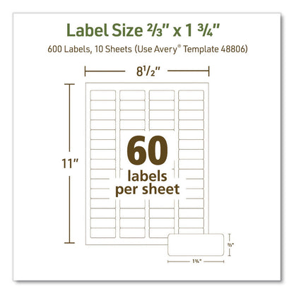 Avery® EcoFriendly Recycled Return Address Labels, Inkjet/Laser, 0.66 x 1.75, White, 60/Sheet, 10 Sheets/Pack (AVE48806)