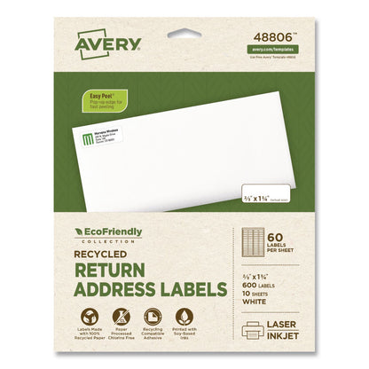 Avery® EcoFriendly Recycled Return Address Labels, Inkjet/Laser, 0.66 x 1.75, White, 60/Sheet, 10 Sheets/Pack (AVE48806)