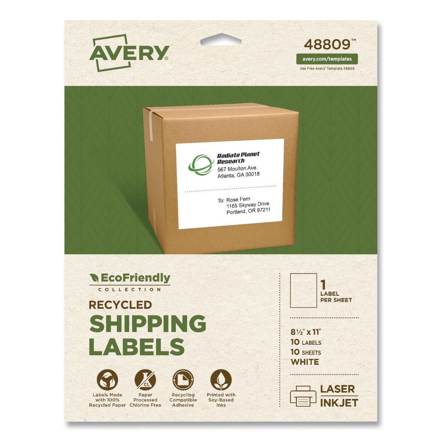 Avery® EcoFriendly Recycled Shipping Labels, Inkjet/Laser, 8.5 x 11, White, 1/Sheet, 10/Pack (AVE48809)