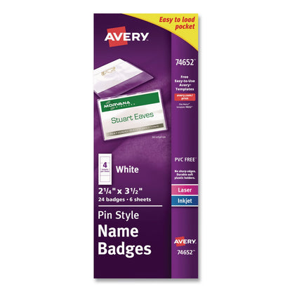 Avery® Pin-Style Badge Holder with Laser/Inkjet Insert, Top Load, 3.5 x 2.25, White, 24/Pack (AVE74652PK)