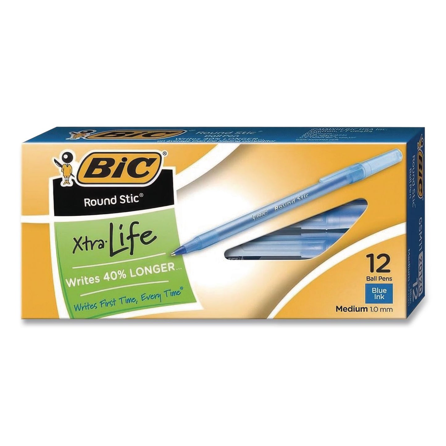 BIC® Round Stic Xtra Life Ballpoint Pen, Stick, Medium 1 mm, Blue Ink, Translucent Blue Barrel, 12/Box, 36 Boxes/Carton (BICGSM11BECT)