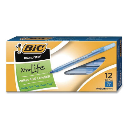 BIC® Round Stic Xtra Life Ballpoint Pen, Stick, Medium 1 mm, Blue Ink, Translucent Blue Barrel, 12/Box, 36 Boxes/Carton (BICGSM11BECT)