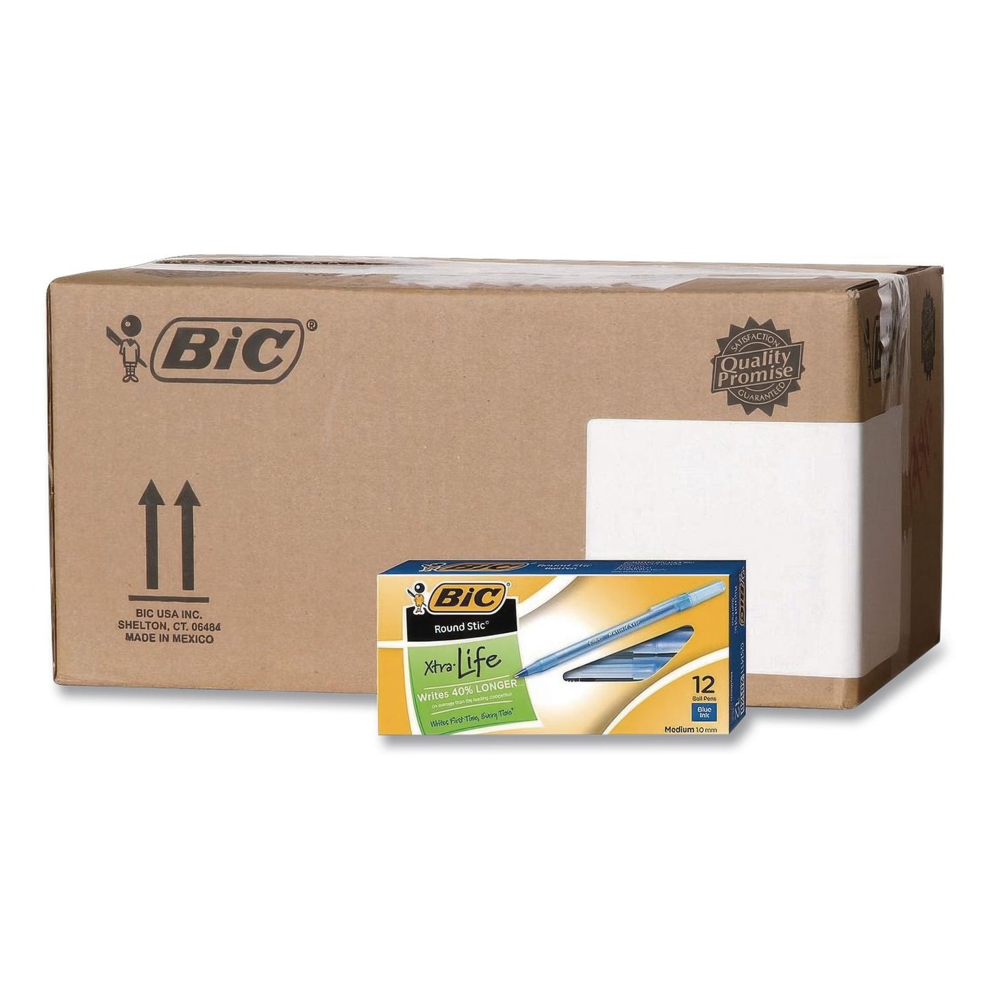 BIC® Round Stic Xtra Life Ballpoint Pen, Stick, Medium 1 mm, Blue Ink, Translucent Blue Barrel, 12/Box, 36 Boxes/Carton (BICGSM11BECT)