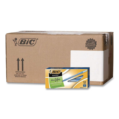 BIC® Round Stic Xtra Life Ballpoint Pen, Stick, Medium 1 mm, Blue Ink, Translucent Blue Barrel, 12/Box, 36 Boxes/Carton (BICGSM11BECT)