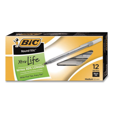 BIC® Round Stic Grip Xtra Comfort Ballpoint Pen, Easy-Glide System, Stick, Medium 1.2 mm, Black Ink, Silver-Gray Barrel, Dozen (BICGSMG11BKCT)