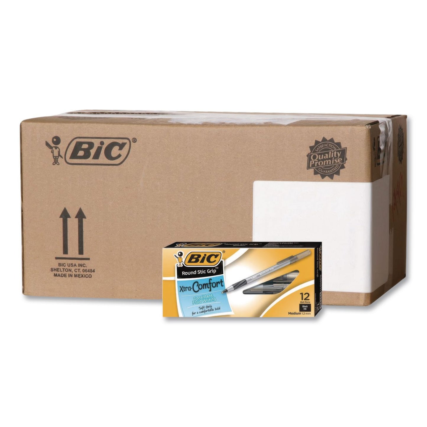 BIC® Round Stic Grip Xtra Comfort Ballpoint Pen, Easy-Glide System, Stick, Medium 1.2 mm, Black Ink, Silver-Gray Barrel, Dozen (BICGSMG11BKCT)