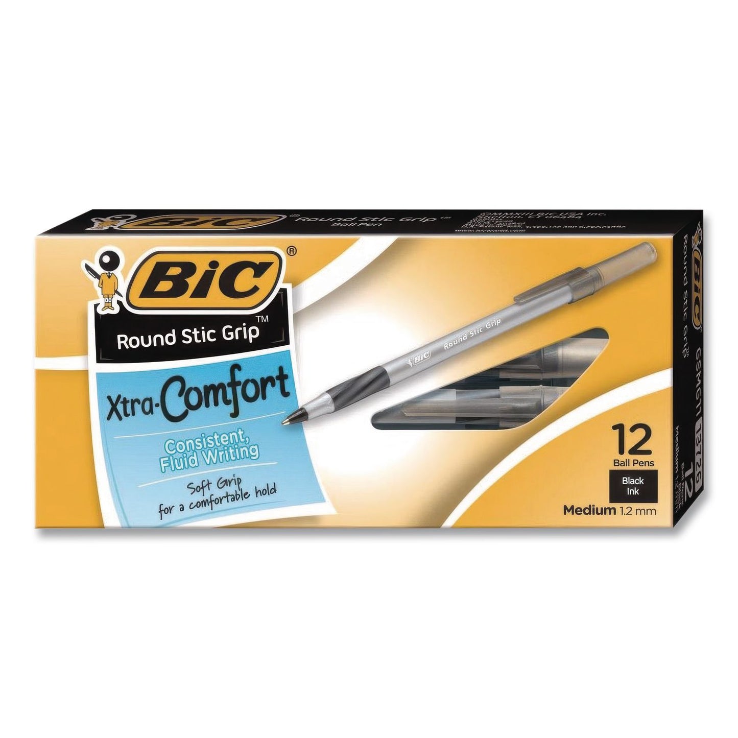 BIC® Round Stic Grip Xtra Comfort Ballpoint Pen, Easy-Glide System, Stick, Medium 1.2 mm, Black Ink, Silver-Gray Barrel, Dozen (BICGSMG11BKCT)